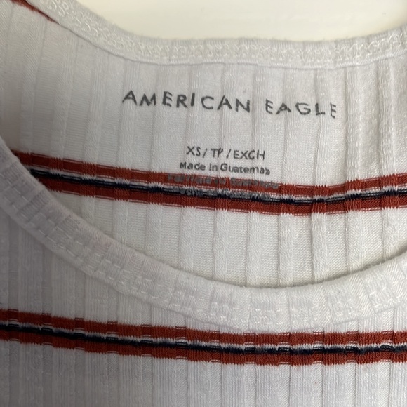 American Eagle Women Brown/Navy Horizontal Stripe Ribbed Lettuce Hem Crop Top - Picture 4 of 7